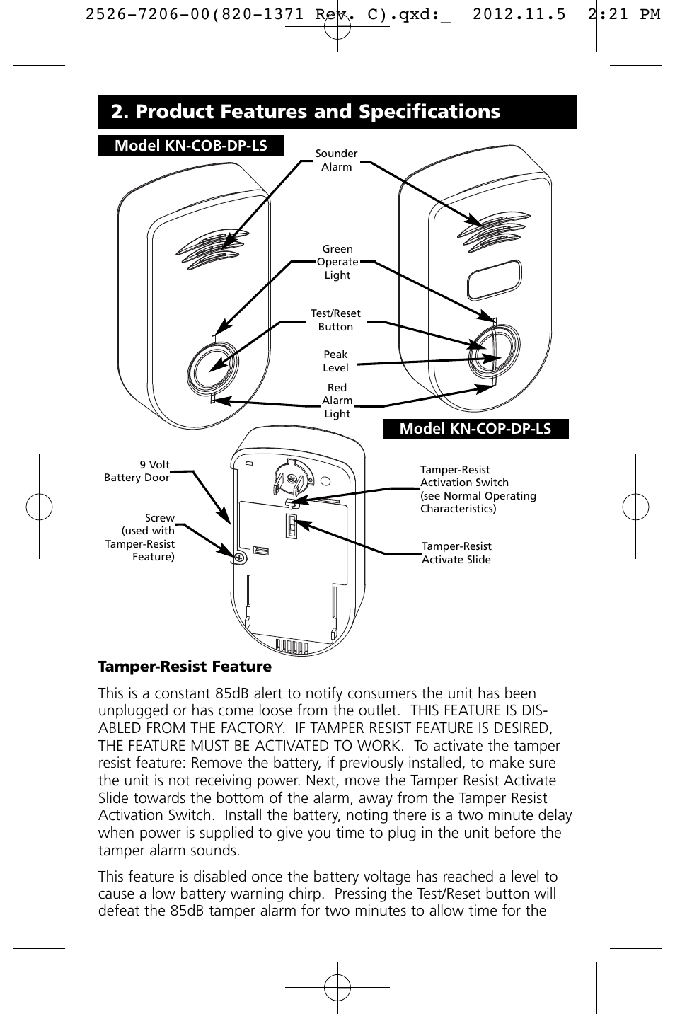 Product features and specifications, Model kn-cob-dp-ls, Model kn-cop-dp-ls | Kidde KN-COB-DP-LS User Manual | Page 9 / 18