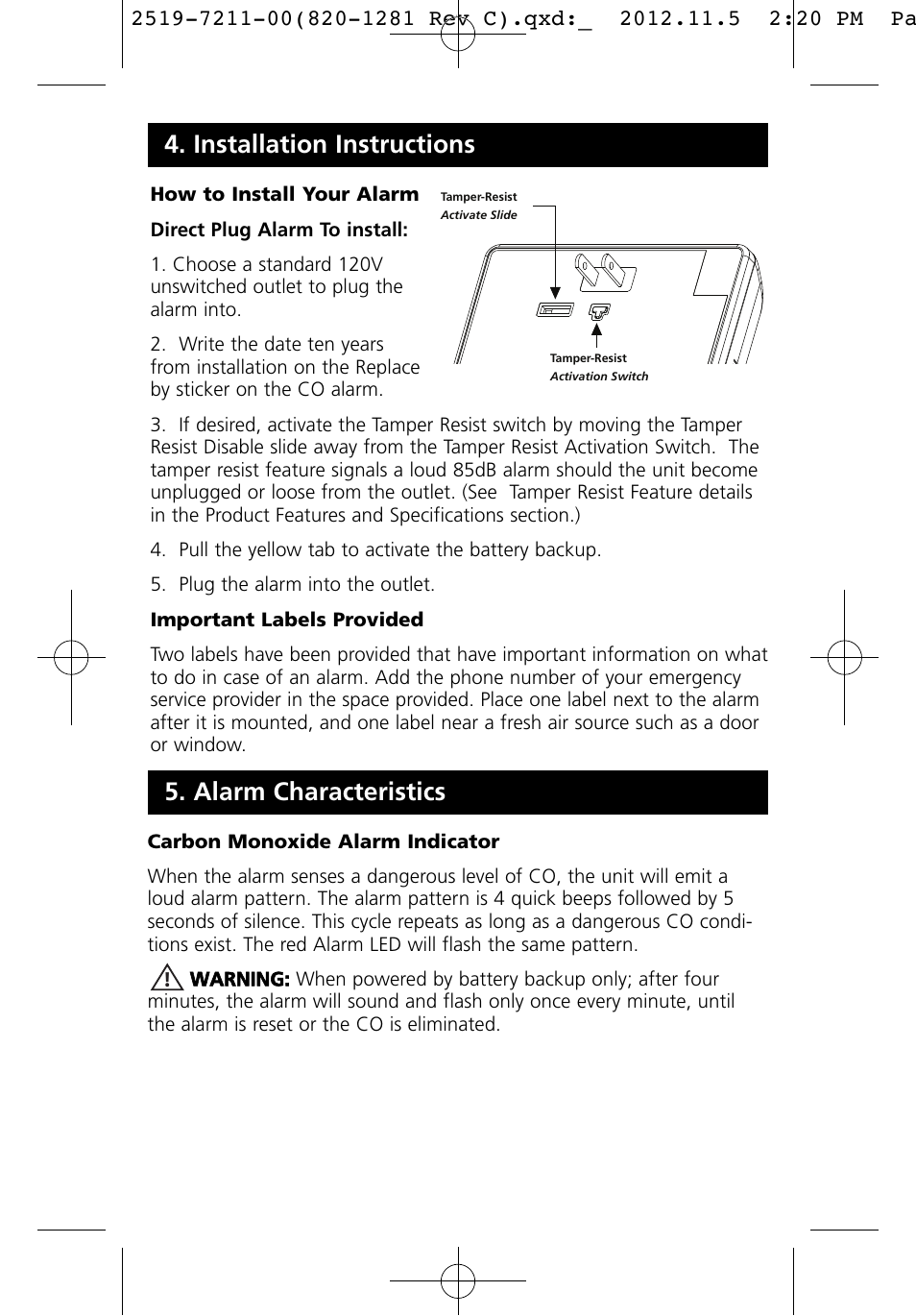 Installation instructions 5. alarm characteristics | Kidde KN-COB-LCB-A User Manual | Page 12 / 16