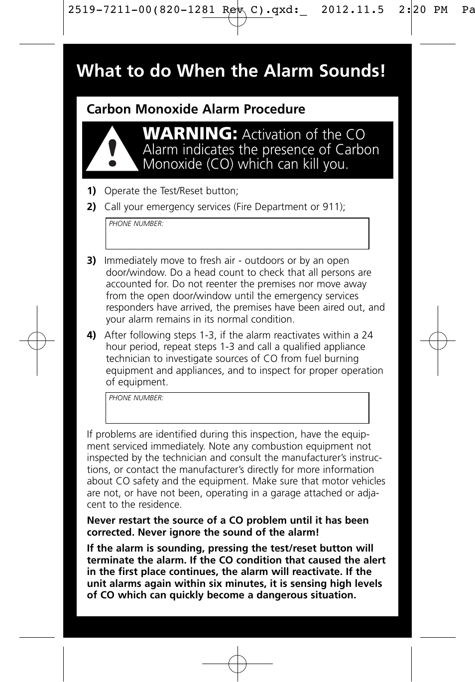 Warning, What to do when the alarm sounds | Kidde KN-COB-LCB-A User Manual | Page 2 / 16