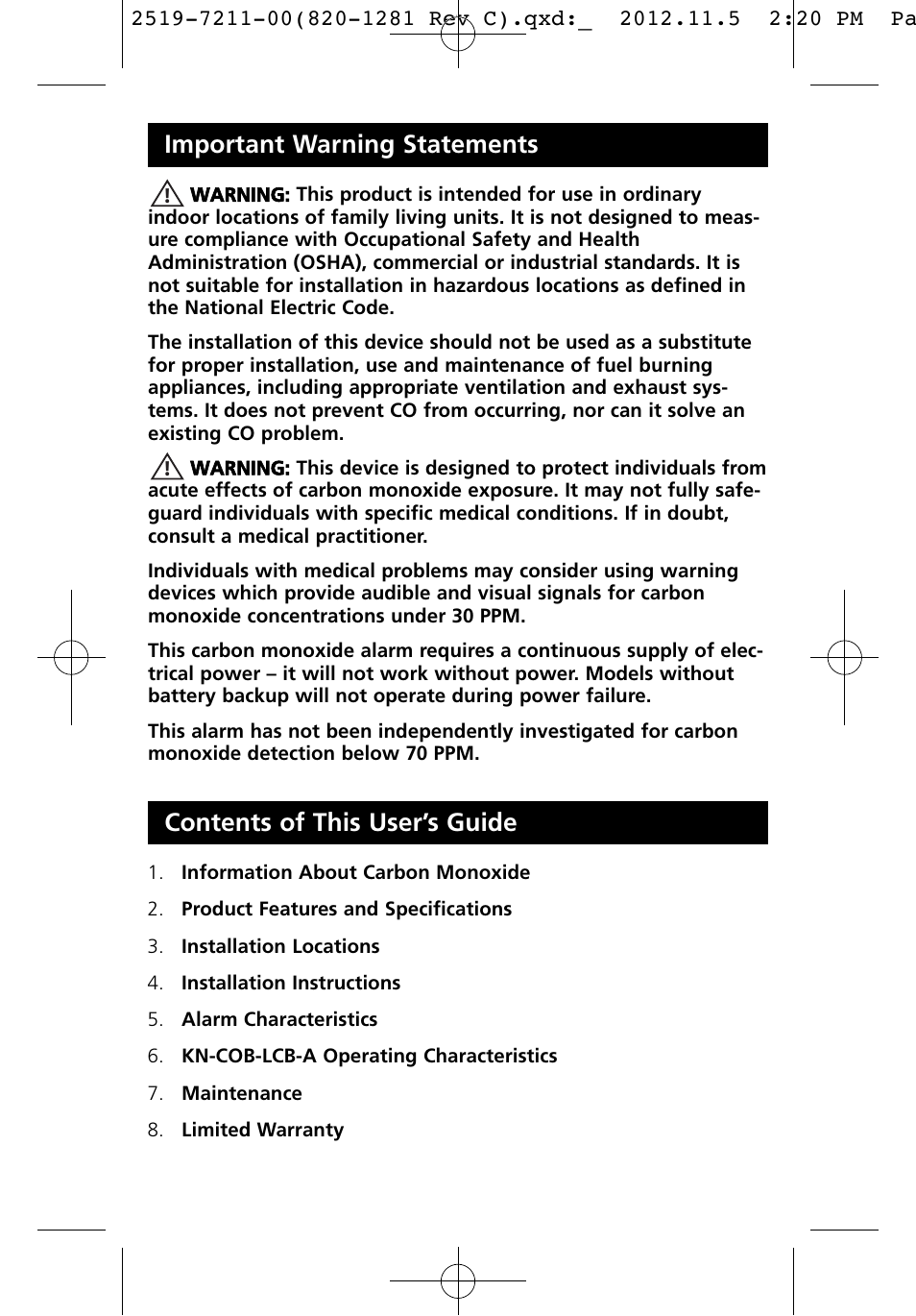 Important warning statements, Contents of this user’s guide | Kidde KN-COB-LCB-A User Manual | Page 4 / 16