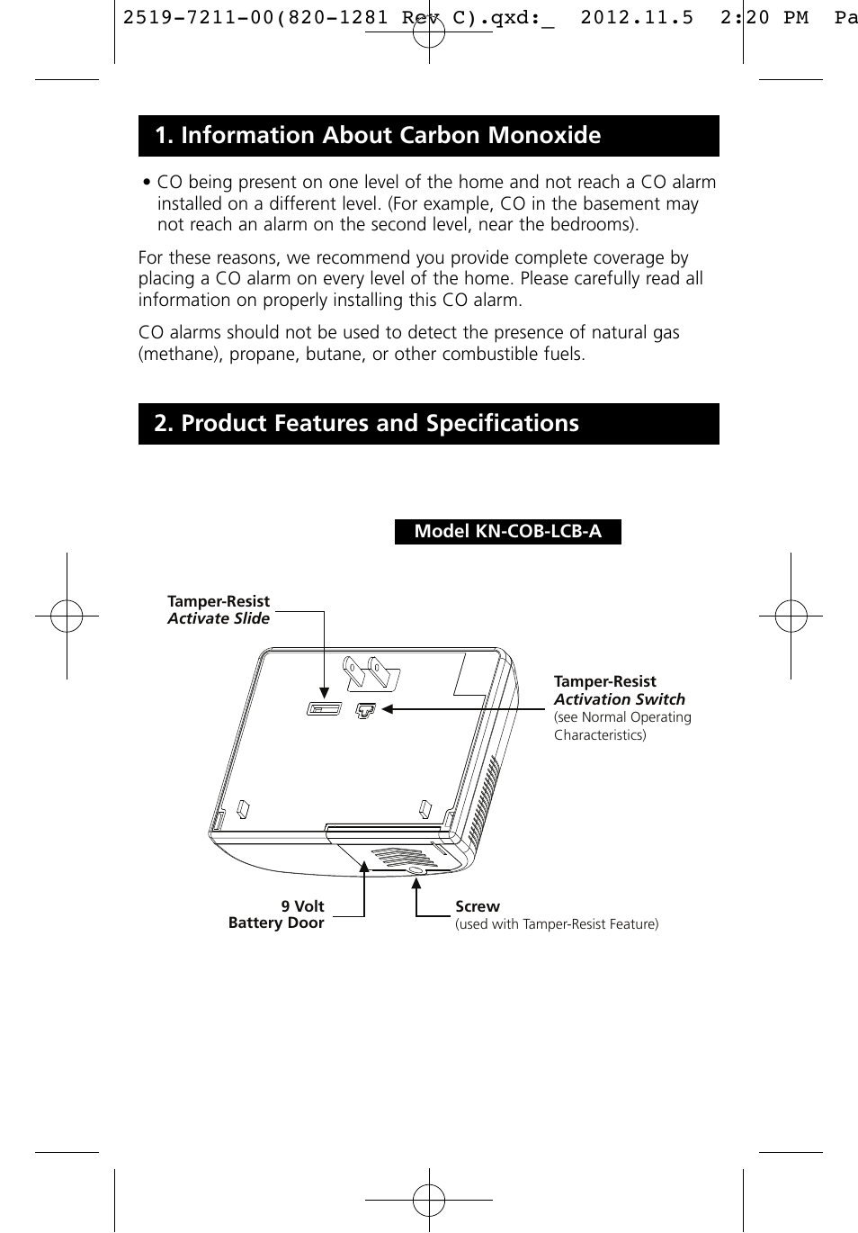 Product features and specifications, Information about carbon monoxide | Kidde KN-COB-LCB-A User Manual | Page 8 / 16
