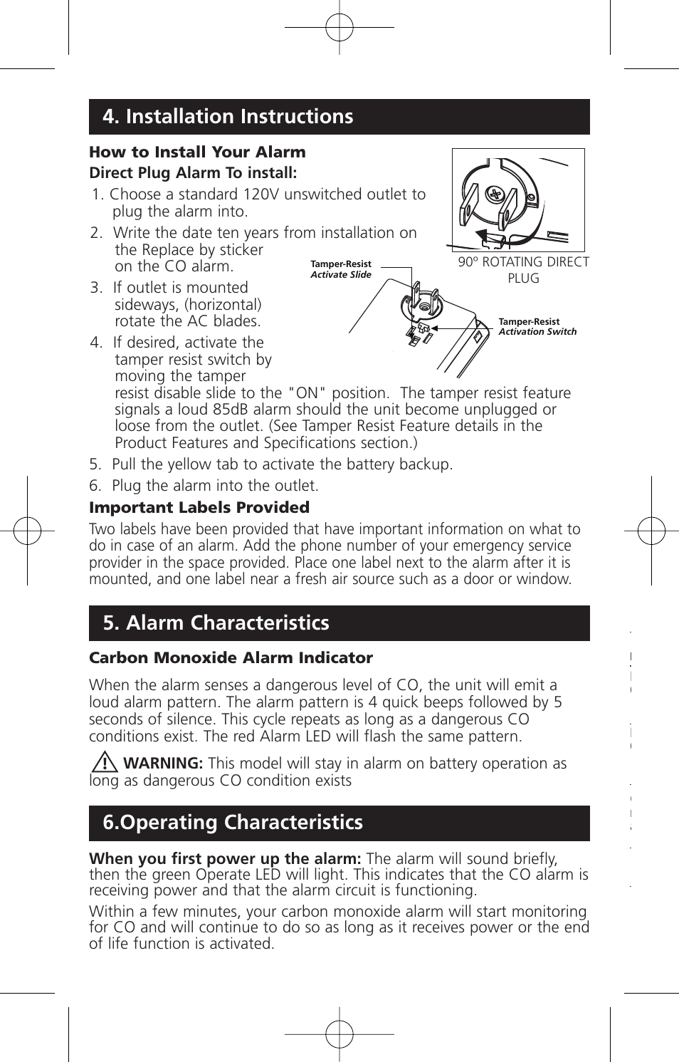 Operating characteristics, Installation instructions 5. alarm characteristics | Kidde KN-COB-DP2 User Manual | Page 12 / 17