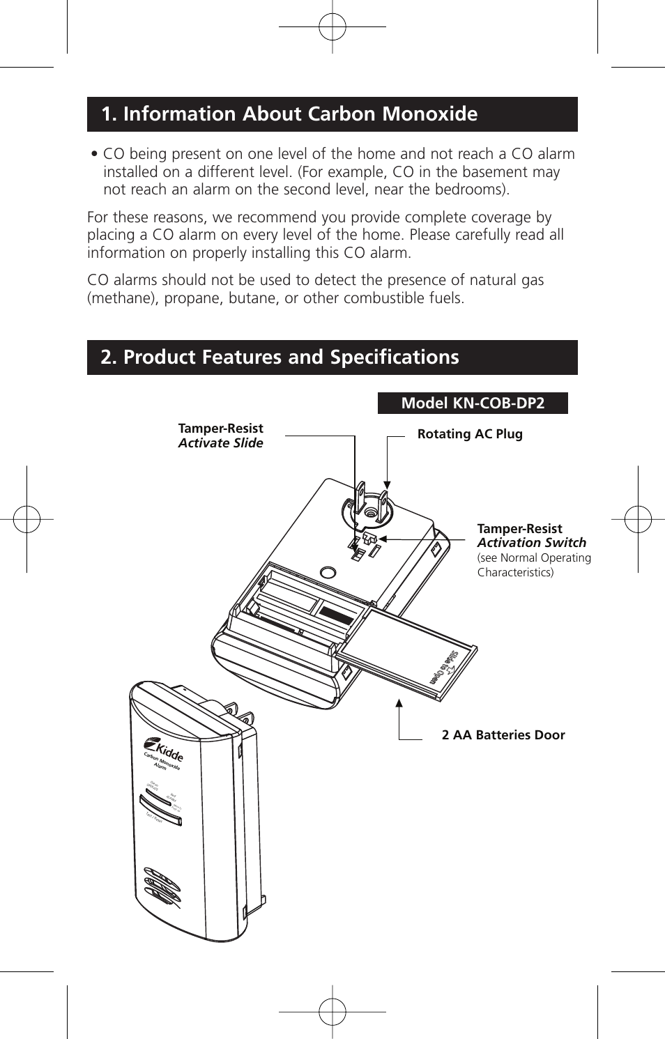 Product features and specifications, Information about carbon monoxide, Rotating ac plug | See normal operating characteristics) | Kidde KN-COB-DP2 User Manual | Page 8 / 17