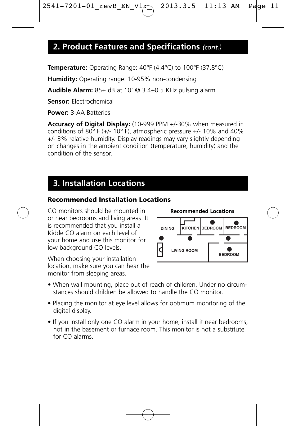 Installation locations, Product features and specifications | Kidde KN-COU-B User Manual | Page 11 / 19