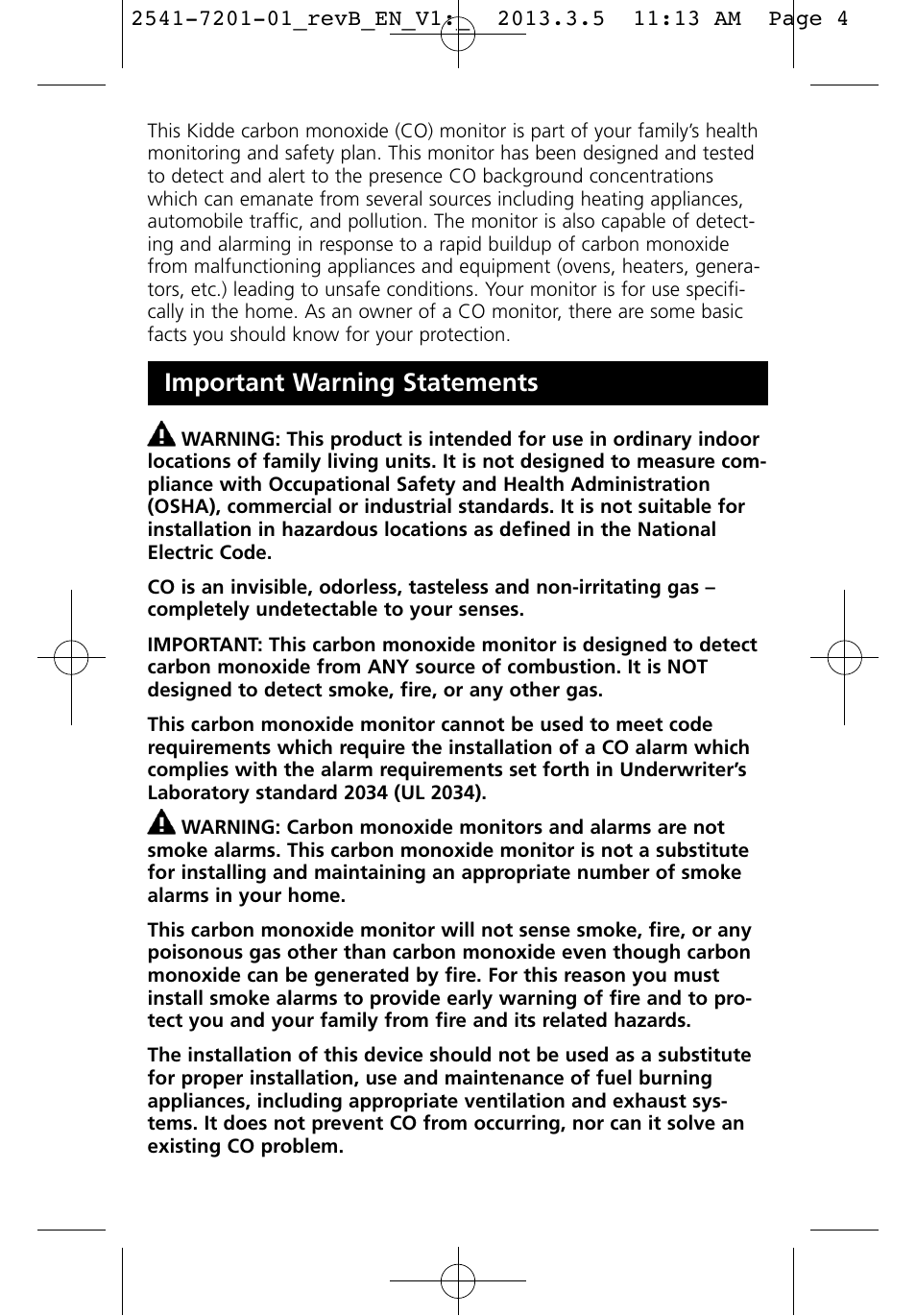 Important warning statements | Kidde KN-COU-B User Manual | Page 4 / 19