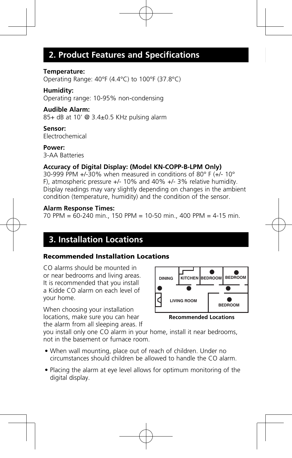 Installation locations, Product features and specifications | Kidde KN-COB-B-LPM User Manual | Page 10 / 19