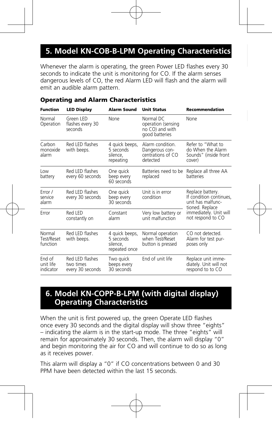 Model kn-cob-b-lpm operating characteristics | Kidde KN-COB-B-LPM User Manual | Page 14 / 19