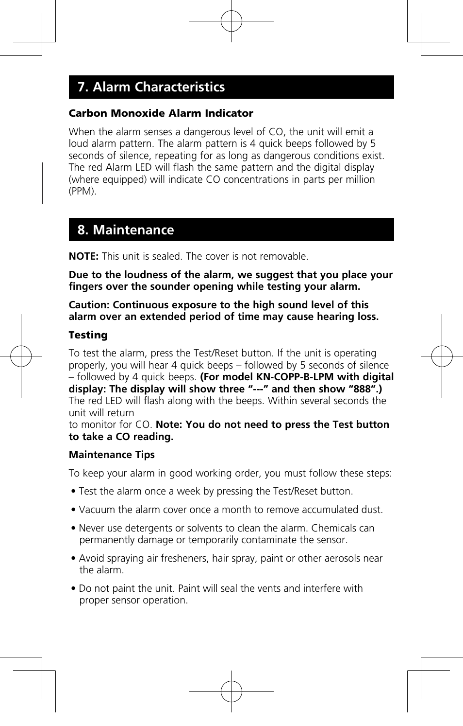 Maintenance, Alarm characteristics | Kidde KN-COB-B-LPM User Manual | Page 17 / 19