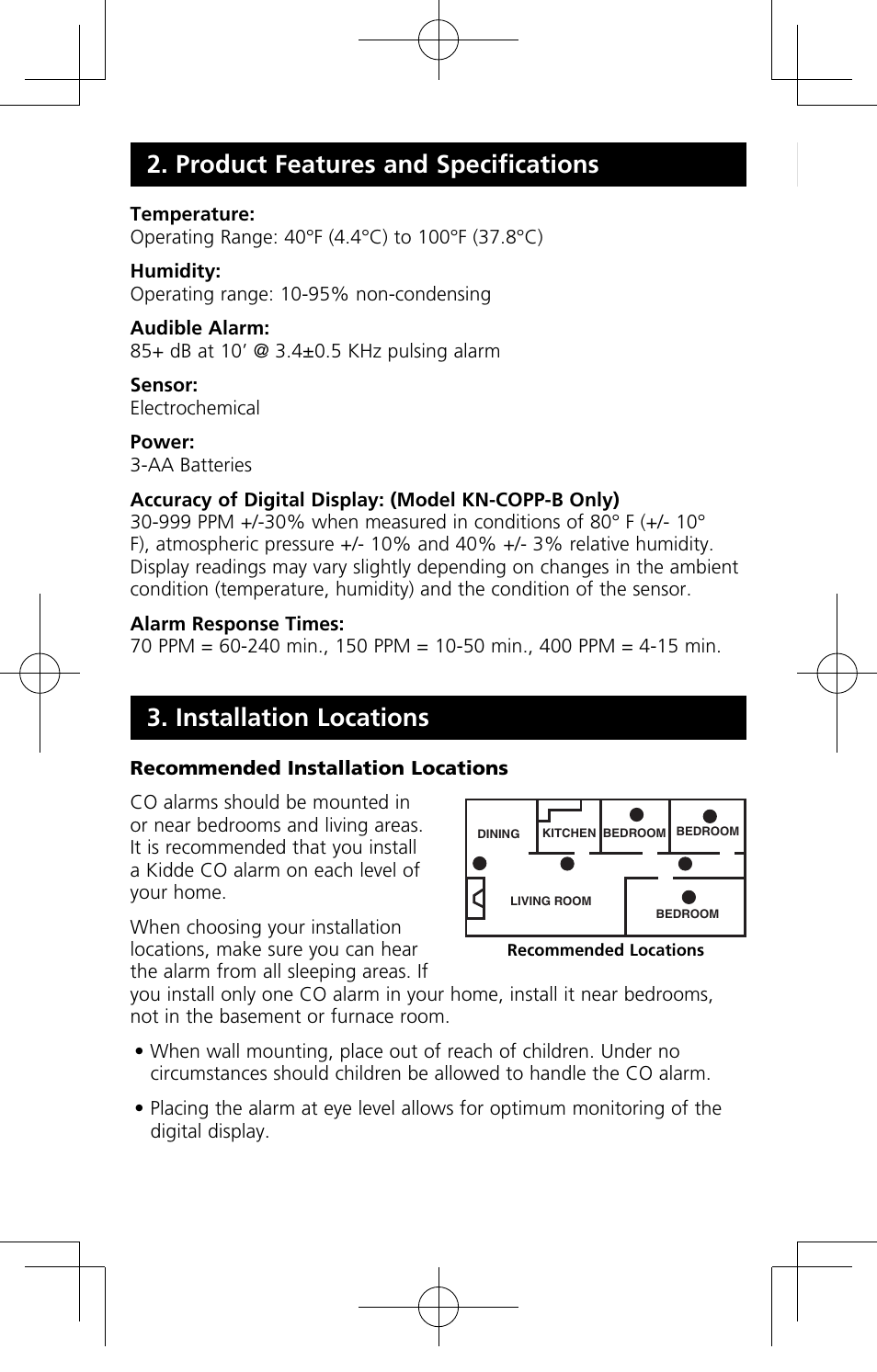 Installation locations, Product features and specifications | Kidde KN-COPP-B-LP User Manual | Page 10 / 19