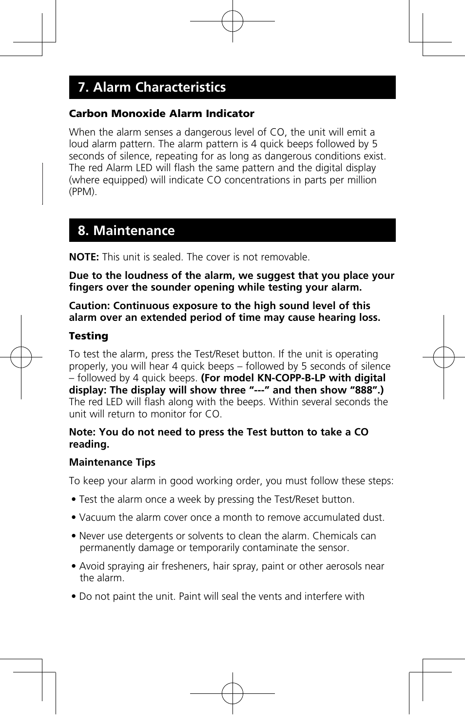 Maintenance, Alarm characteristics | Kidde KN-COPP-B-LP User Manual | Page 17 / 19