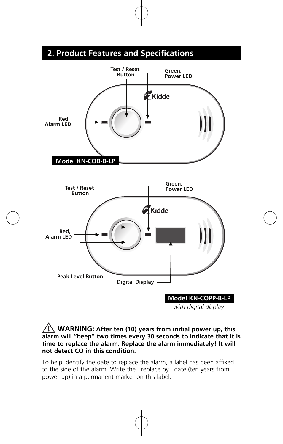 Product features and specifications, Warning | Kidde KN-COPP-B-LP User Manual | Page 9 / 19