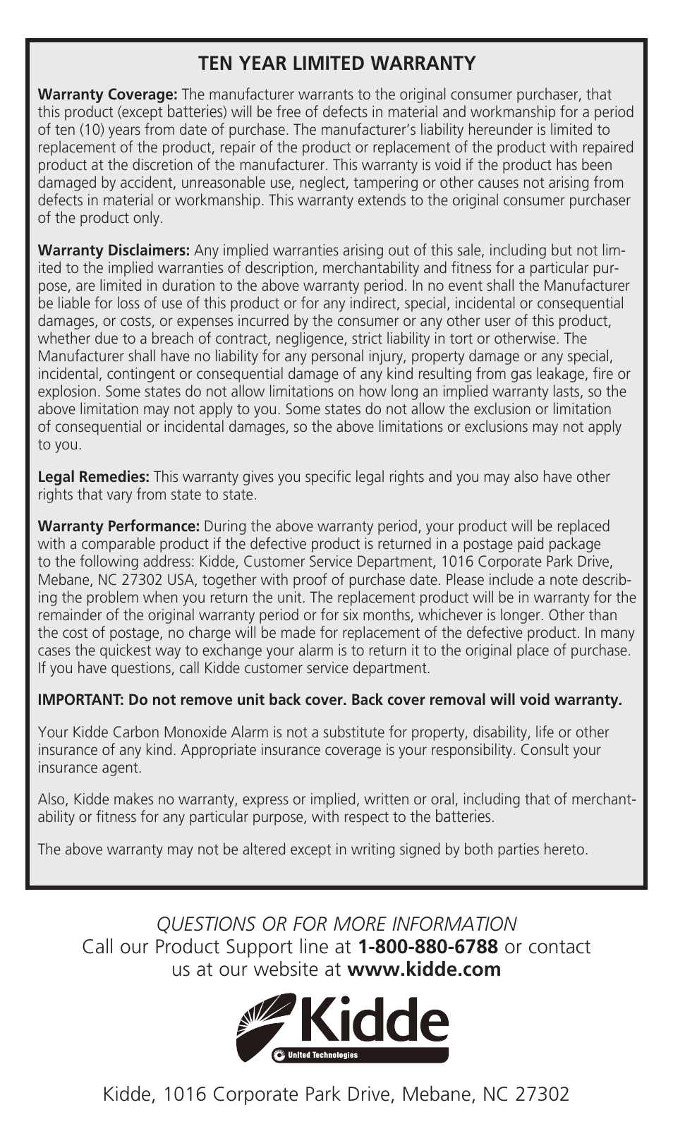 Ten year limited warranty | Kidde KN-COB-LP2 User Manual | Page 16 / 16