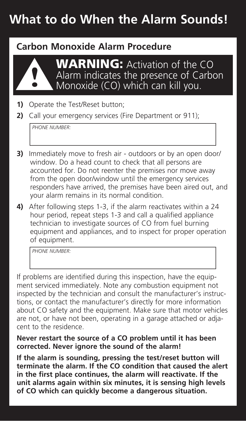 Warning, What to do when the alarm sounds, Carbon monoxide alarm procedure | Kidde KN-COB-LP2 User Manual | Page 2 / 16