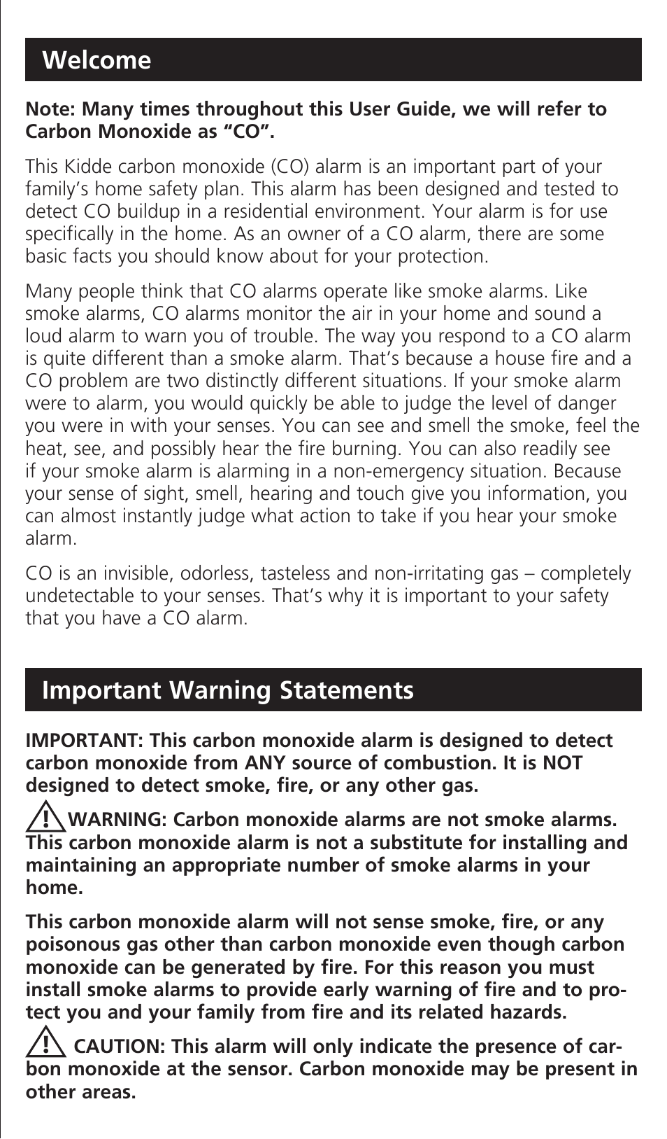 Welcome, Important warning statements | Kidde KN-COB-LP2 User Manual | Page 3 / 16