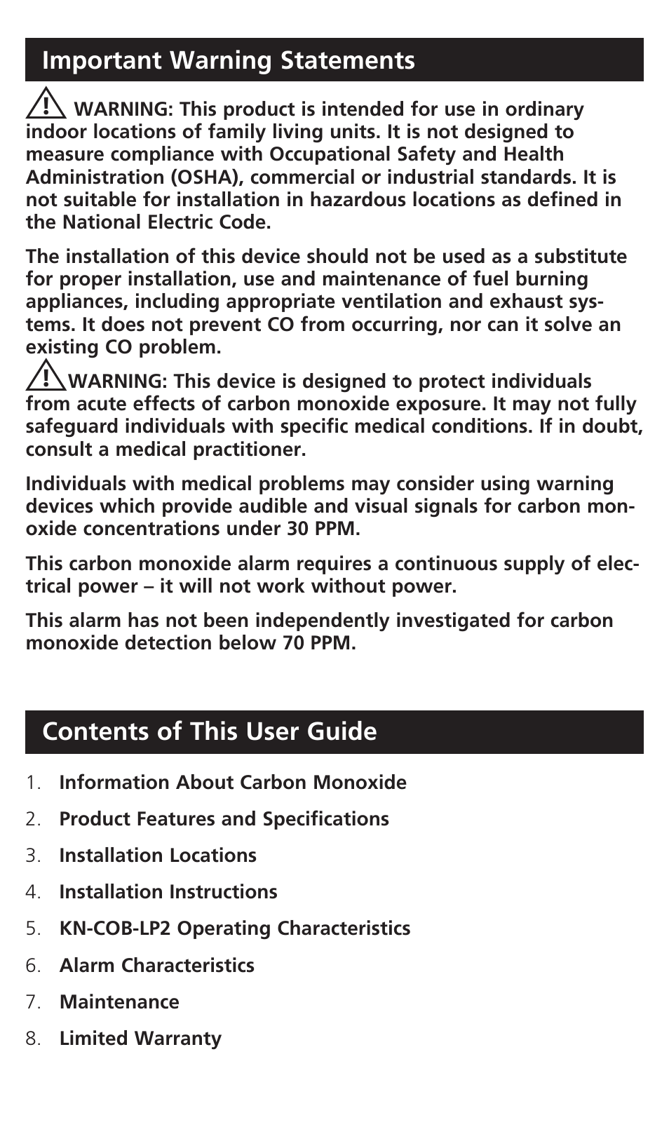 Important warning statements, Contents of this user guide | Kidde KN-COB-LP2 User Manual | Page 4 / 16