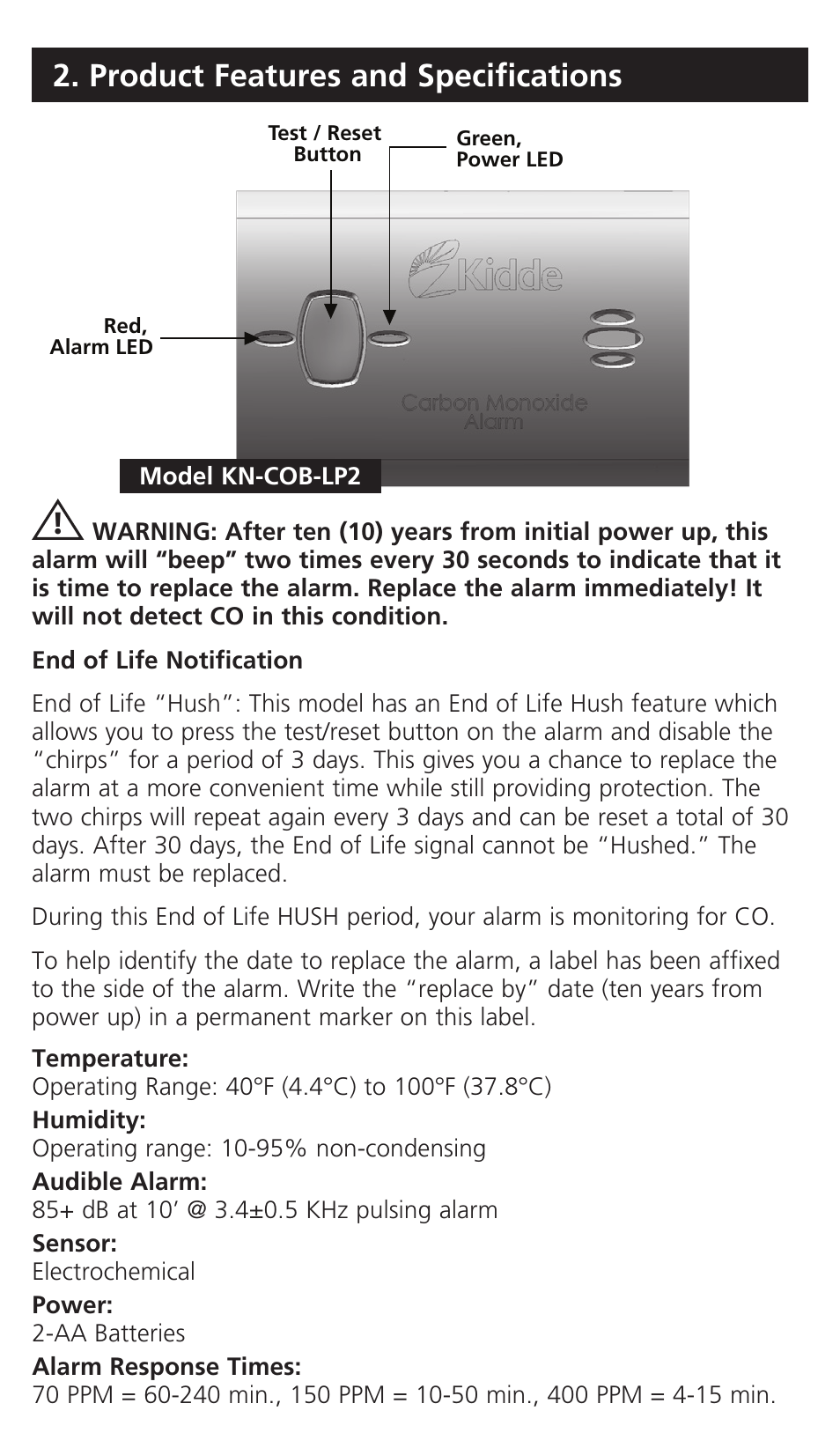 Product features and specifications | Kidde KN-COB-LP2 User Manual | Page 8 / 16