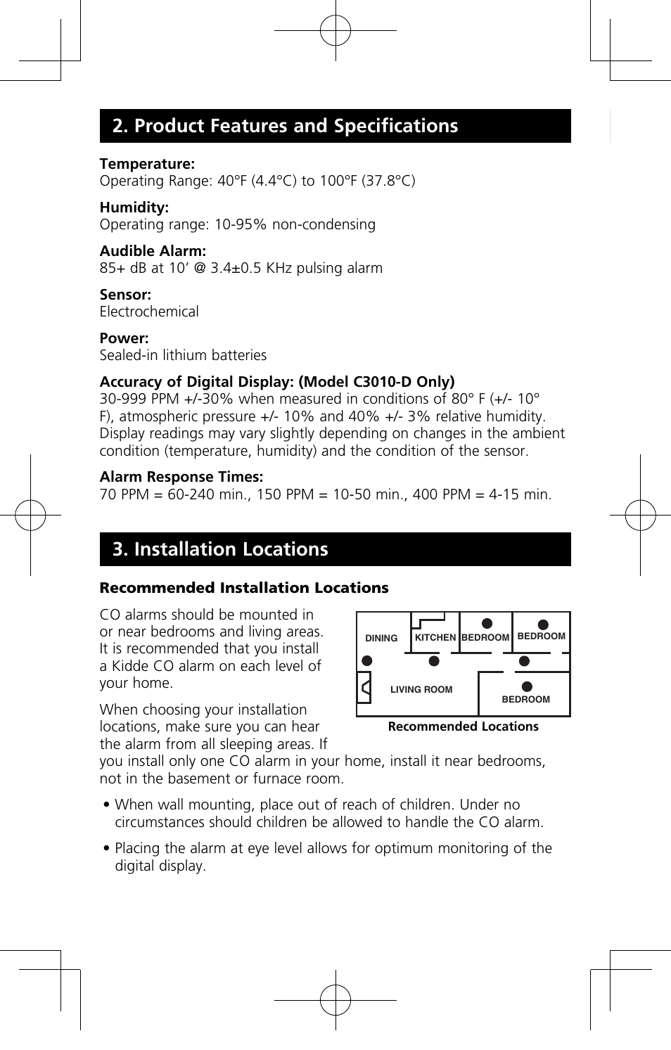 Installation locations, Product features and specifications | Kidde C3010-D User Manual | Page 10 / 19