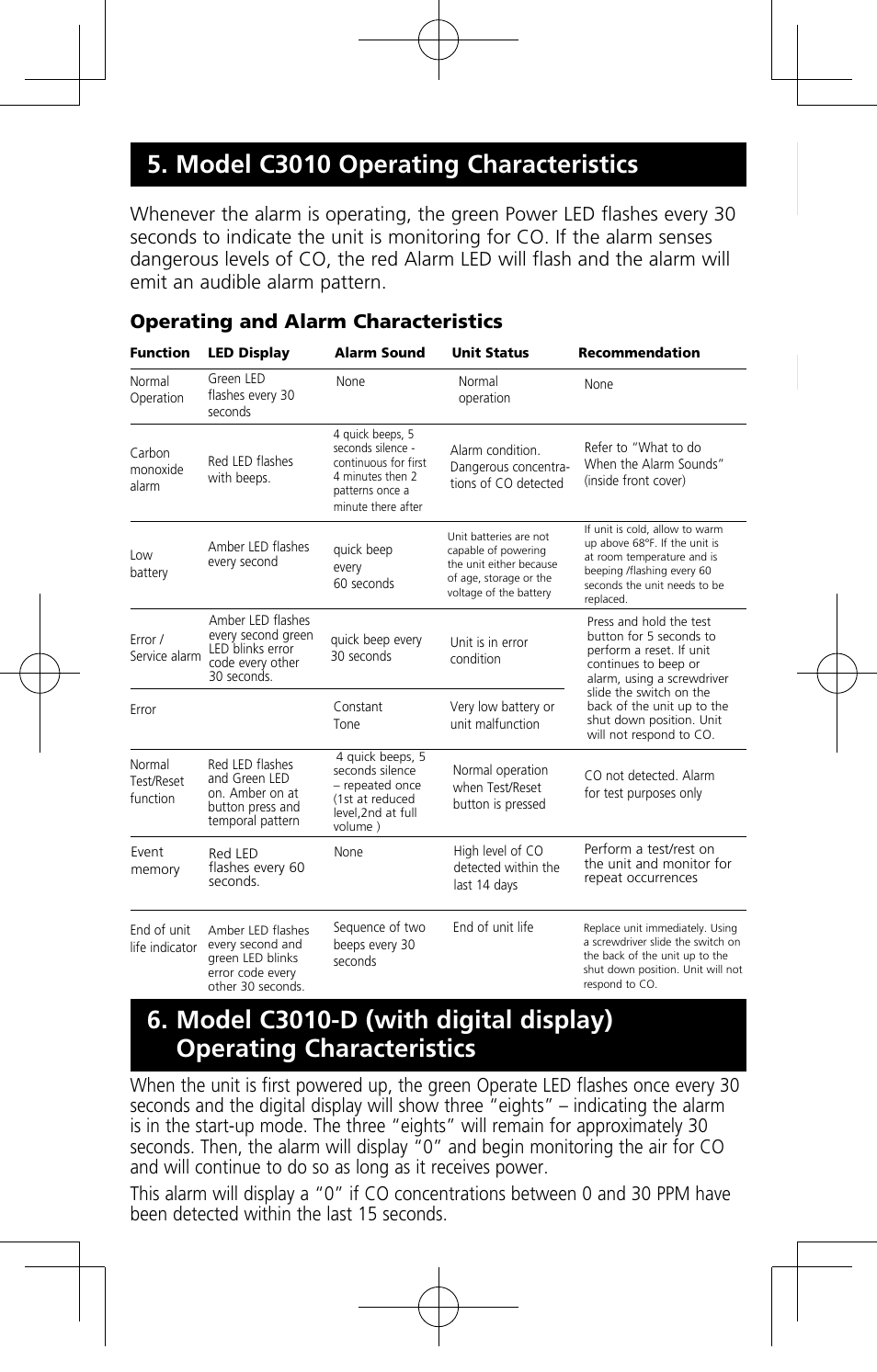 Model c3010 operating characteristics, Operating and alarm characteristics | Kidde C3010-D User Manual | Page 14 / 19