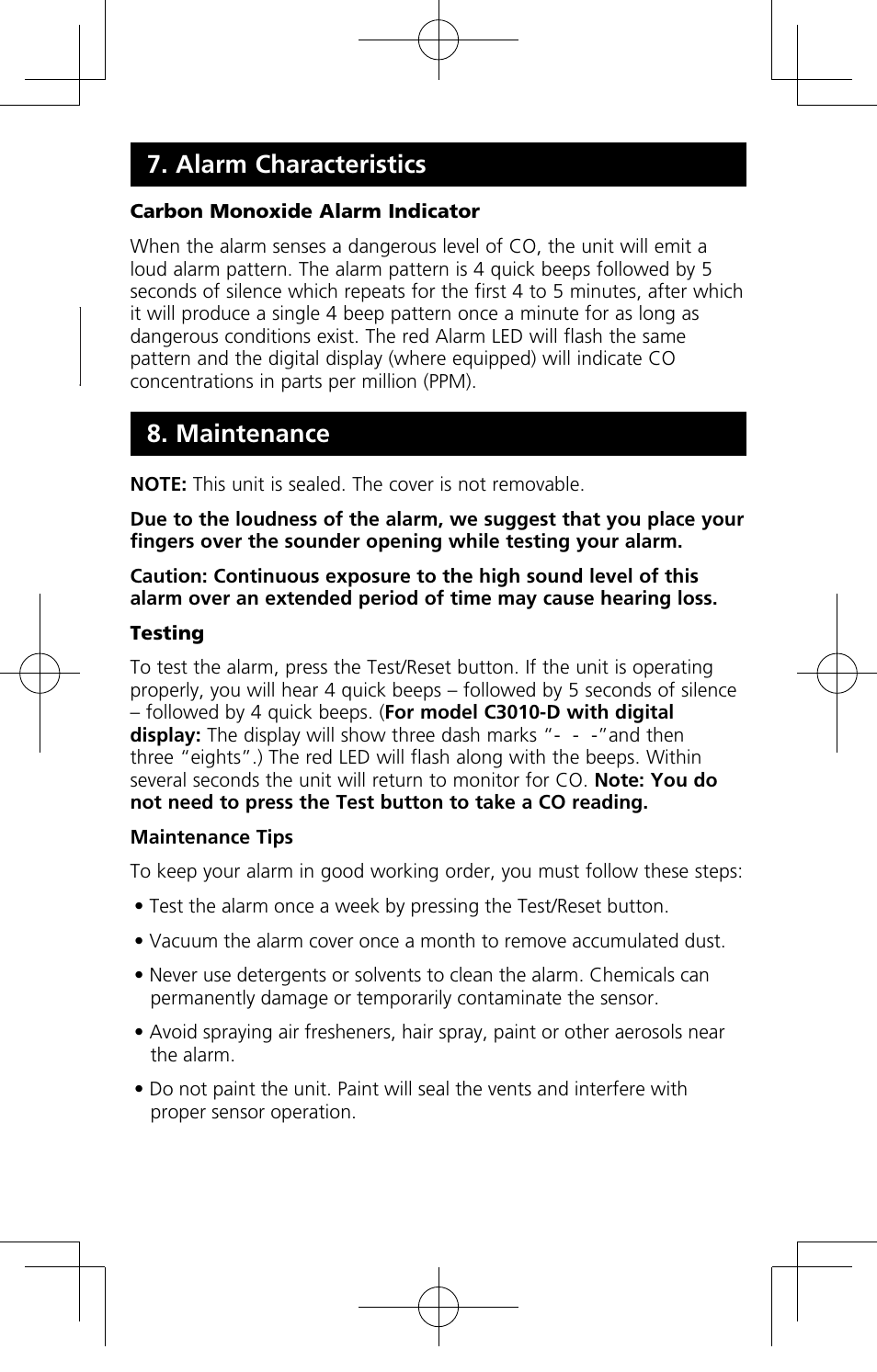 Maintenance, Alarm characteristics | Kidde C3010-D User Manual | Page 17 / 19