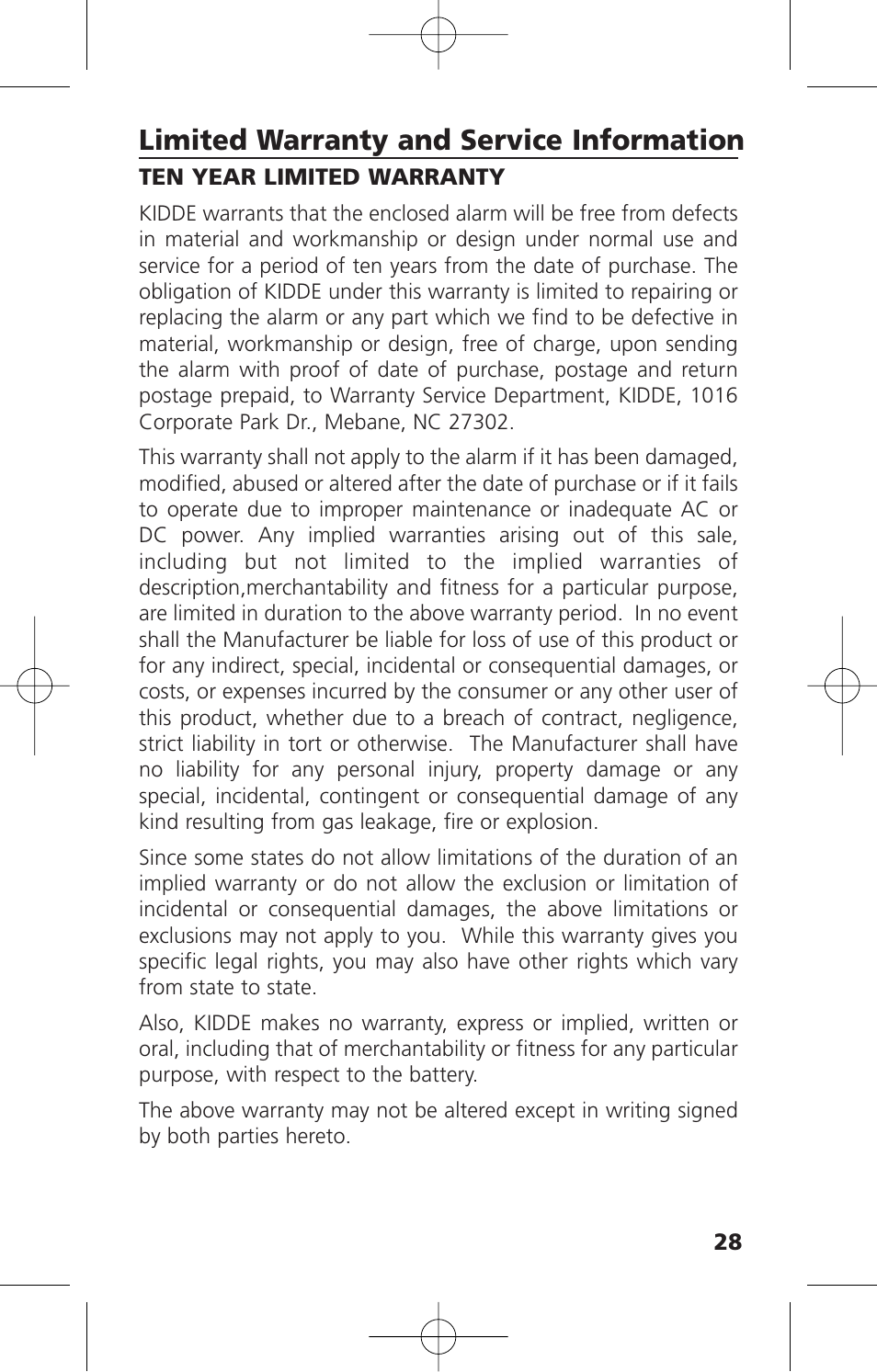 Limited warranty and service information | Kidde i12010SCO User Manual | Page 31 / 33