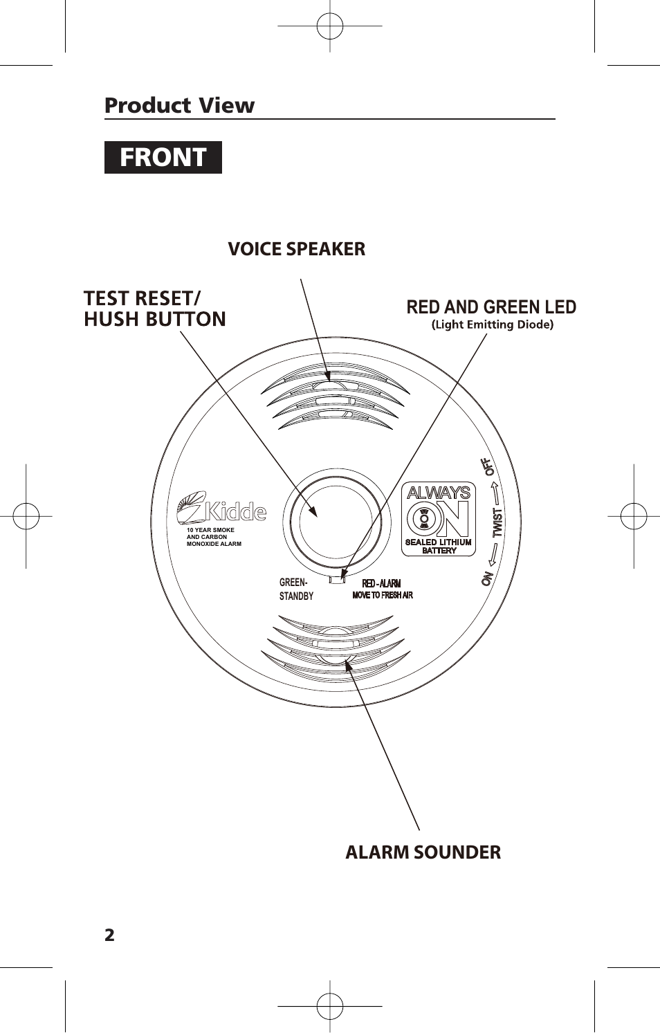 Front, Product view, Alarm sounder | Voice speaker, Red and green led | Kidde i12010SCO User Manual | Page 4 / 33