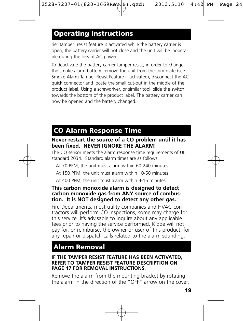 Operating instructions, Co alarm response time, Alarm removal | Kidde KN-COPE-I User Manual | Page 24 / 35