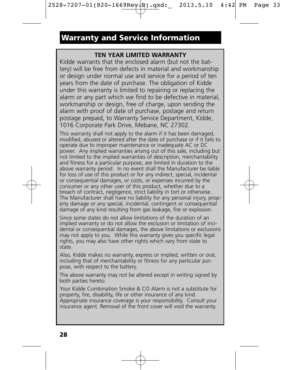 Warranty and service information | Kidde KN-COPE-I User Manual | Page 33 / 35