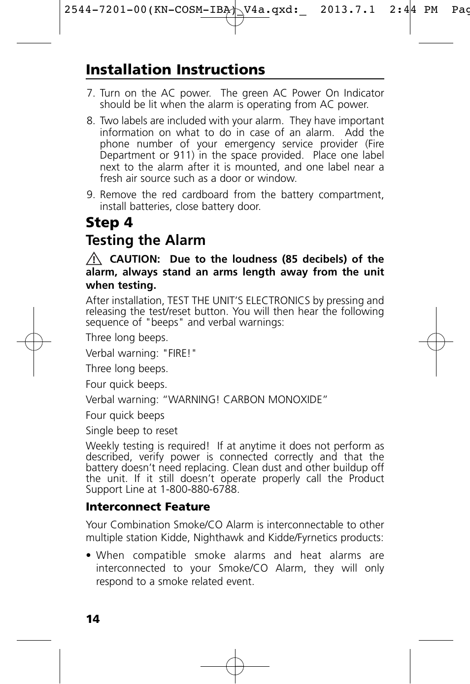 Step 4 testing the alarm, Installation instructions | Kidde KN-COSM-IB User Manual | Page 16 / 33