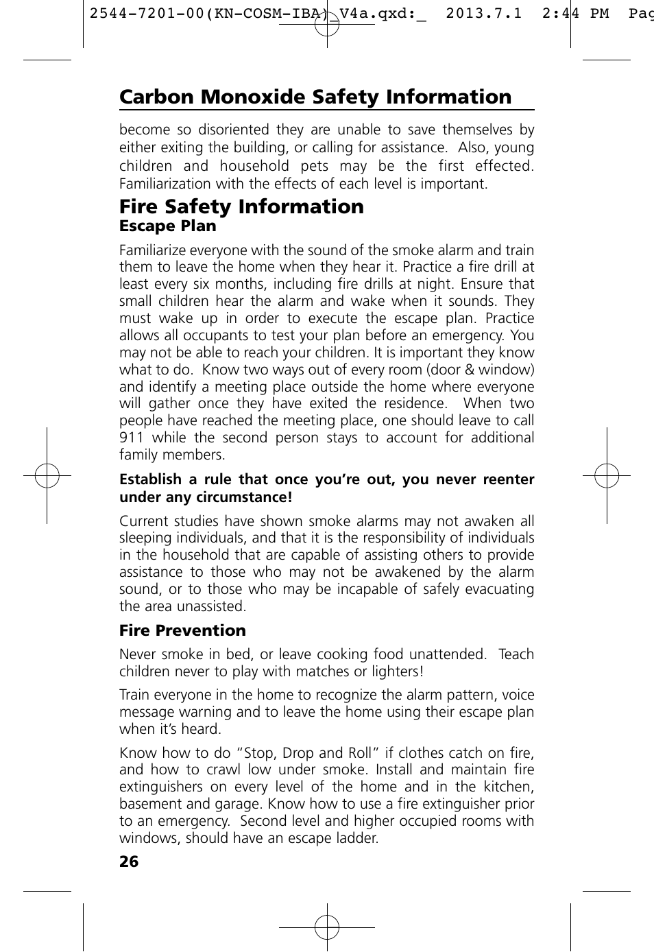 Carbon monoxide safety information, Fire safety information | Kidde KN-COSM-IB User Manual | Page 28 / 33