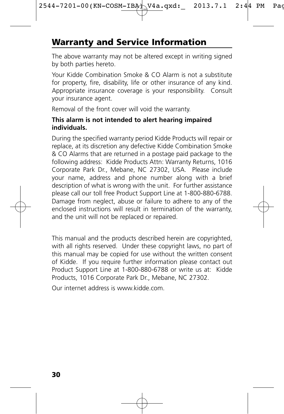 Warranty and service information | Kidde KN-COSM-IB User Manual | Page 32 / 33