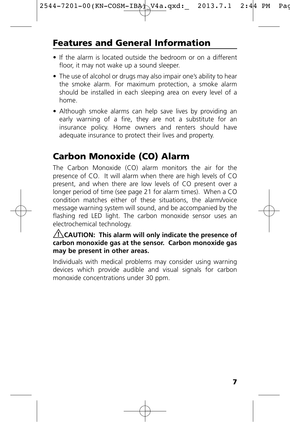 Carbon monoxide (co) alarm, Features and general information | Kidde KN-COSM-IB User Manual | Page 9 / 33