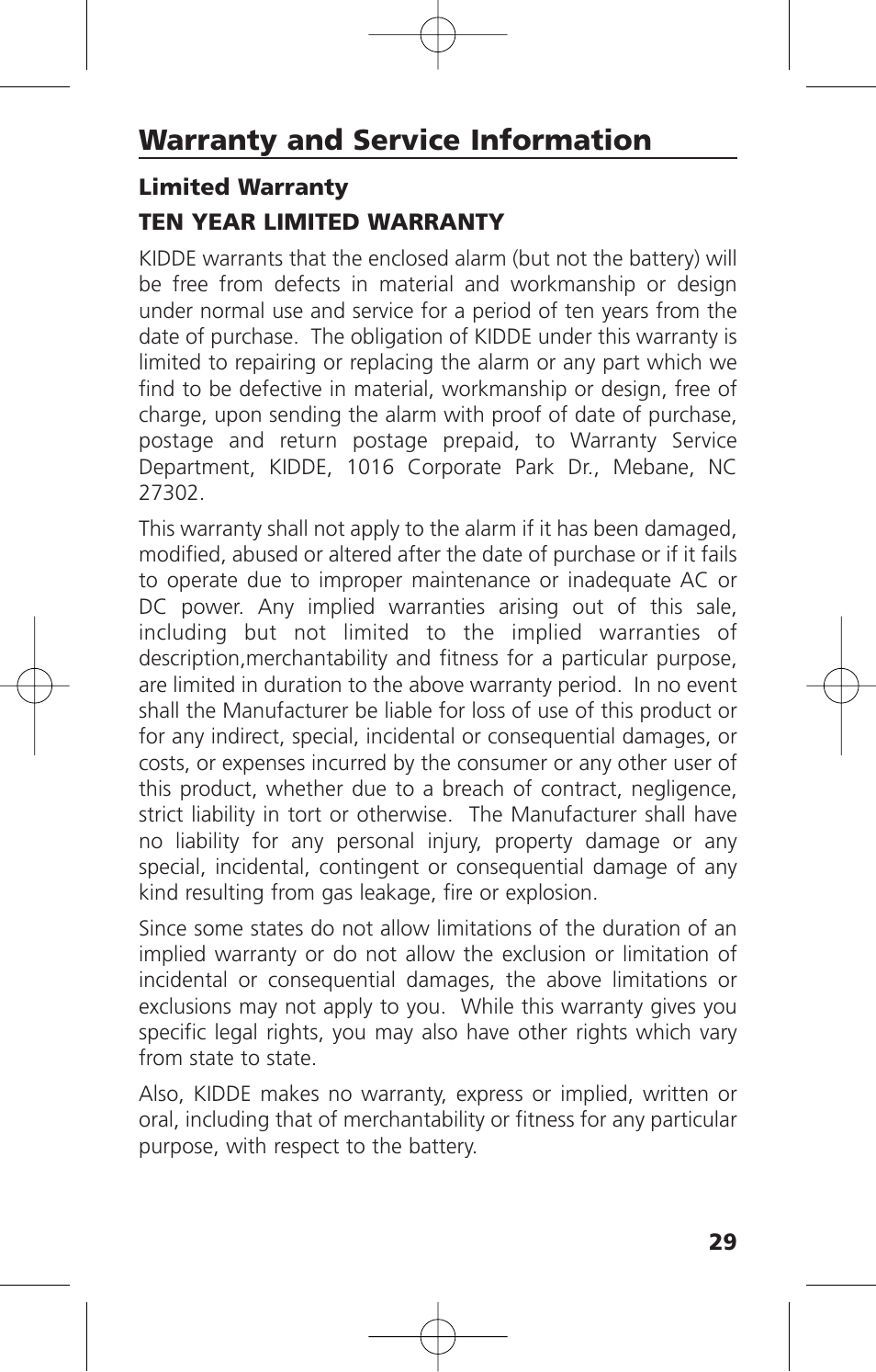 Warranty and service information | Kidde KN-COSM-IBA User Manual | Page 31 / 33