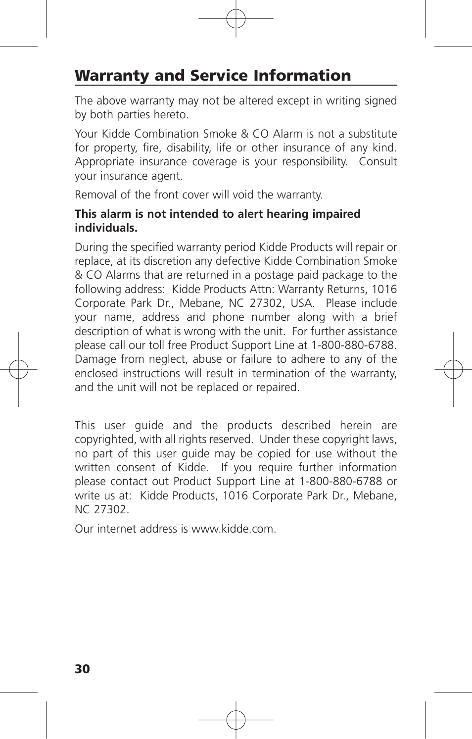 Warranty and service information | Kidde KN-COSM-IBA User Manual | Page 32 / 33