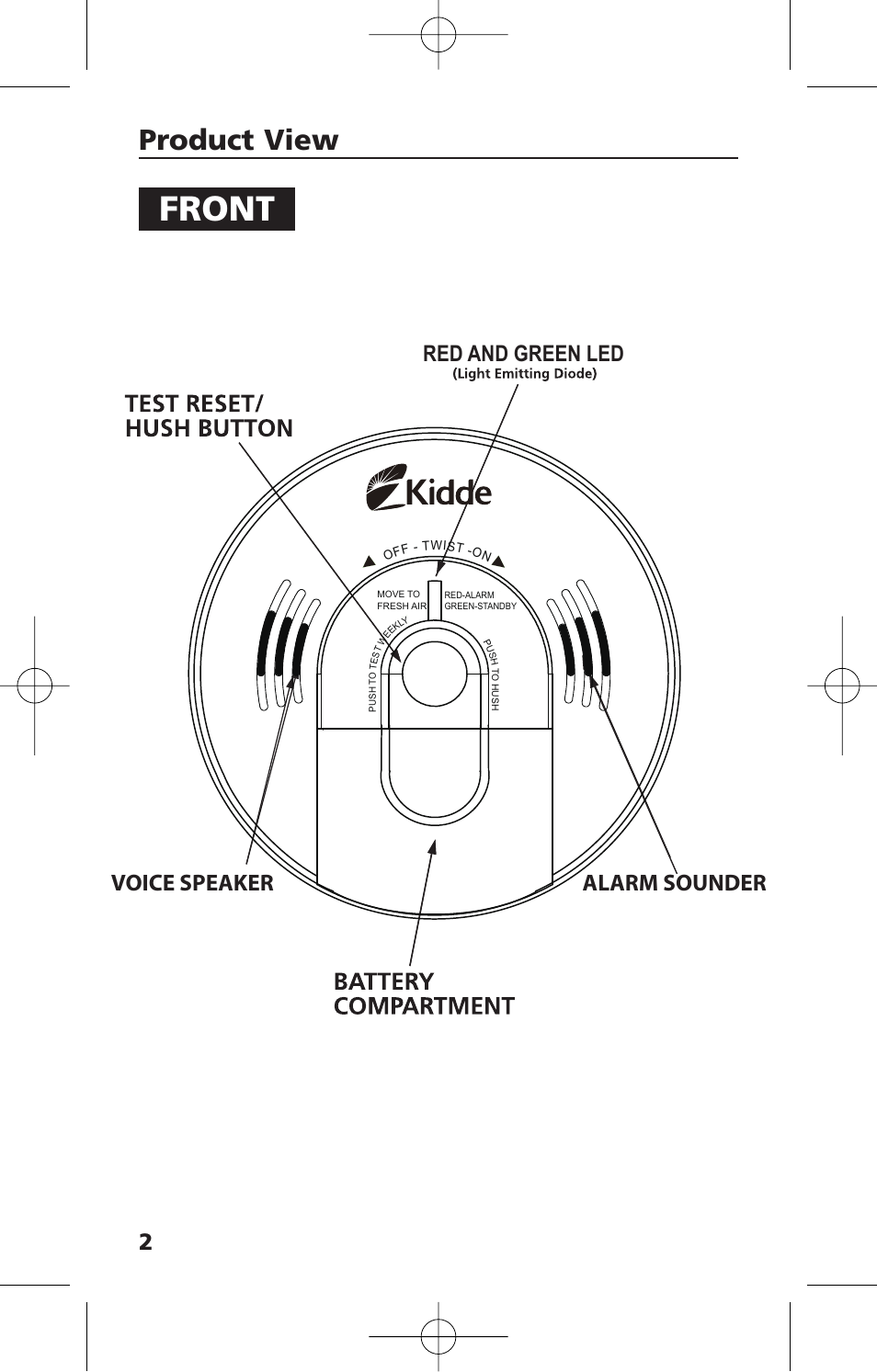 Front, Product view, Voice speaker alarm sounder | Red and green led | Kidde KN-COSM-IBA User Manual | Page 4 / 33