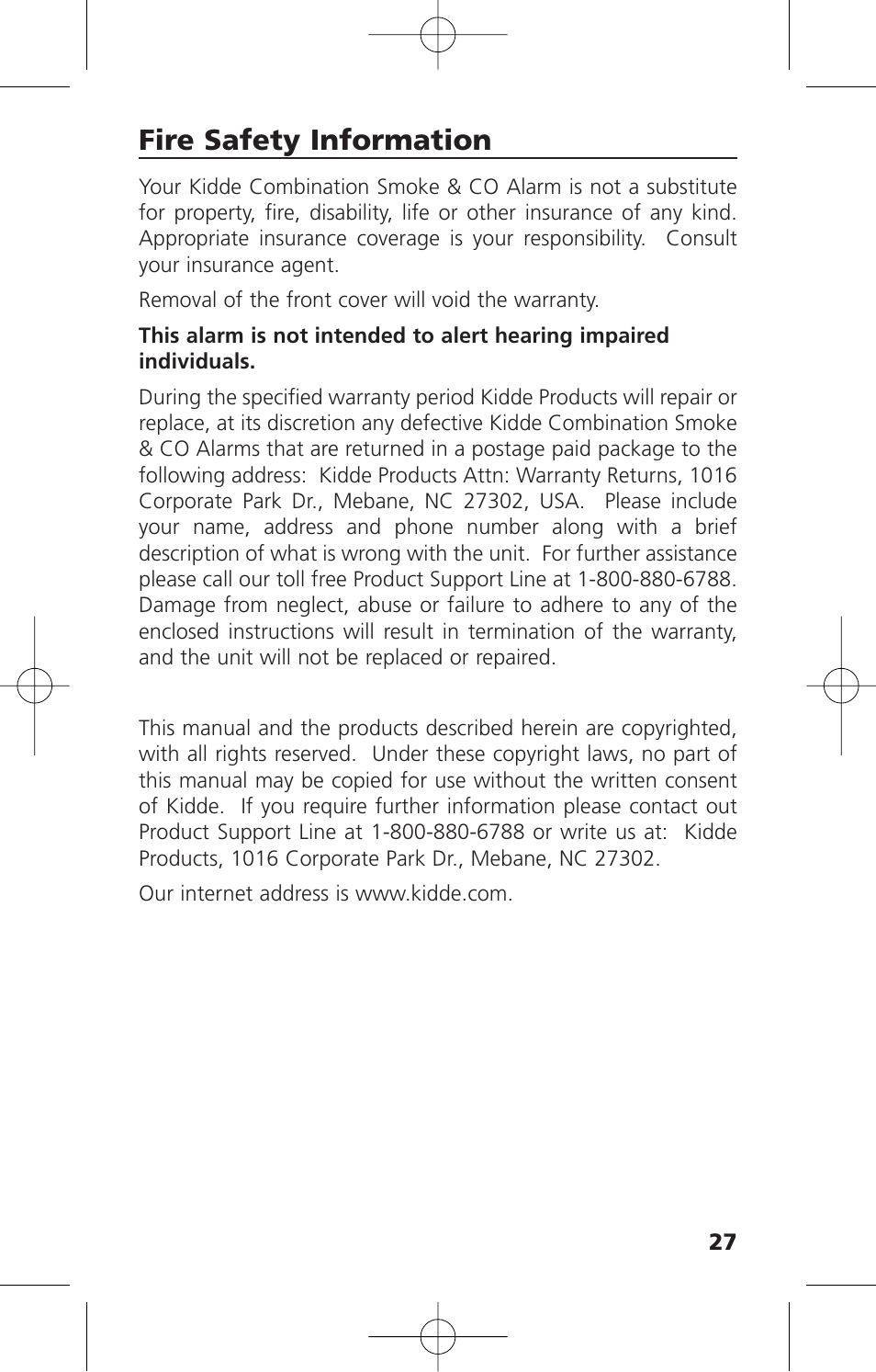 Fire safety information | Kidde KN-COSM-XTR-BA User Manual | Page 29 / 30