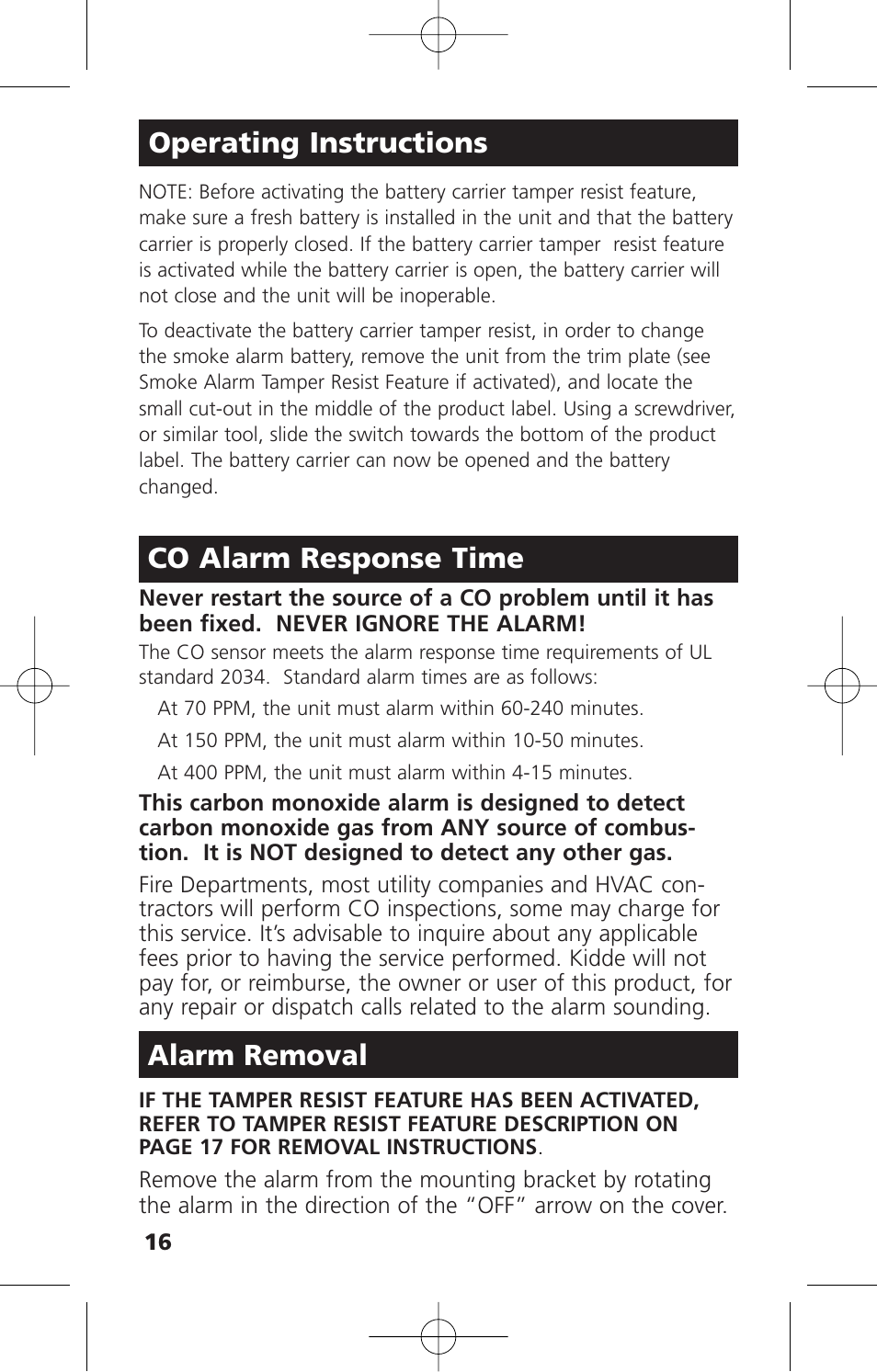 Operating instructions, Co alarm response time, Alarm removal | Kidde KN-COPE-D User Manual | Page 22 / 33