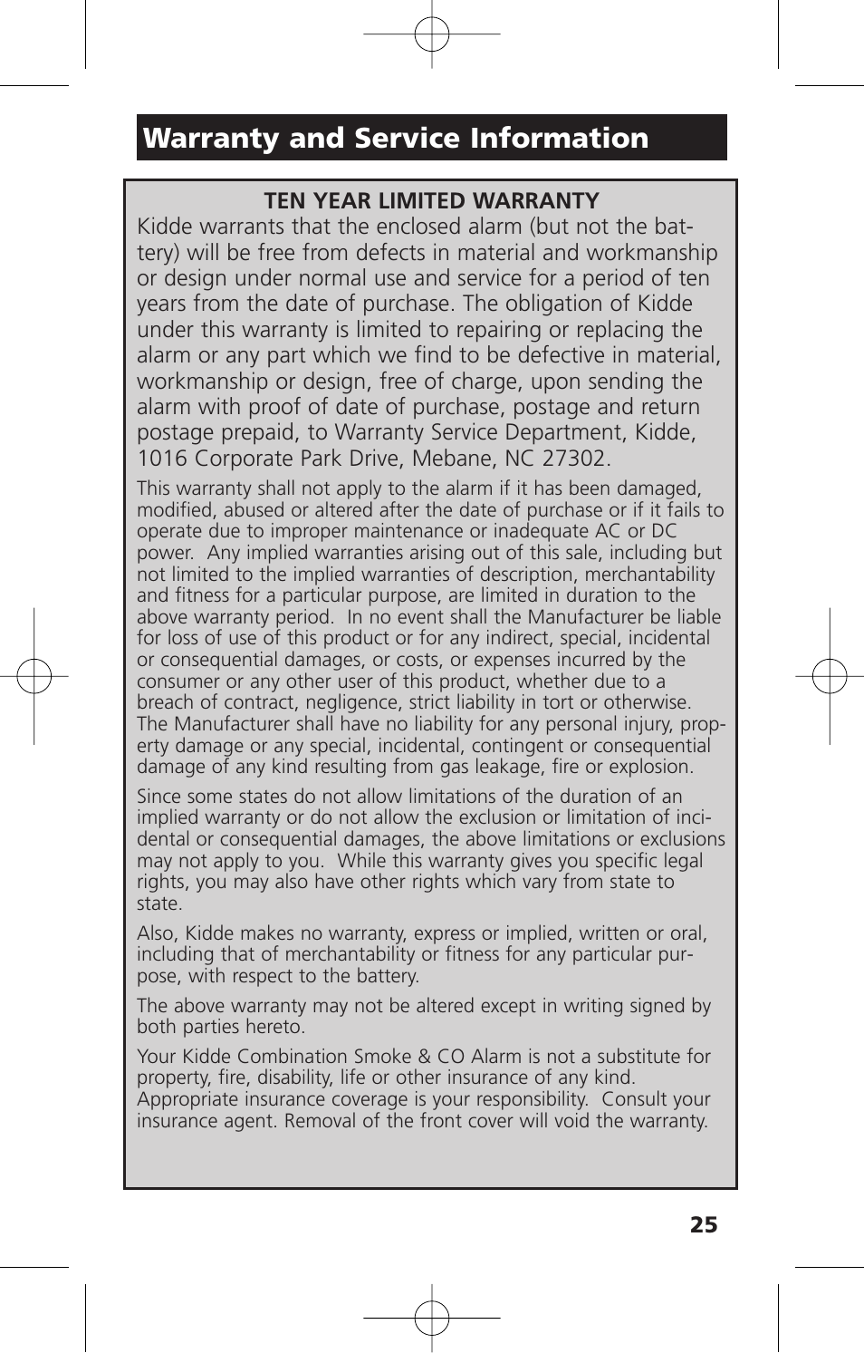 Warranty and service information | Kidde KN-COPE-D User Manual | Page 31 / 33