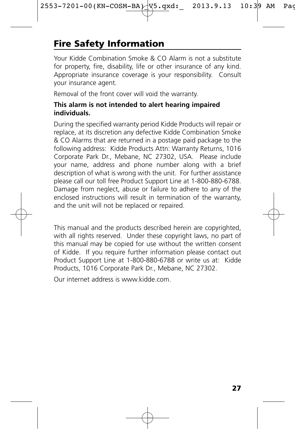 Fire safety information | Kidde KN-COSM-BA User Manual | Page 29 / 30