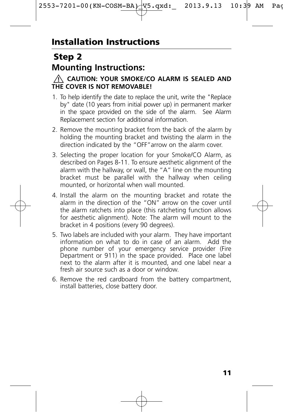 Step 2 mounting instructions, Installation instructions | Kidde KN-COSM-BA User Manual | Page 13 / 30