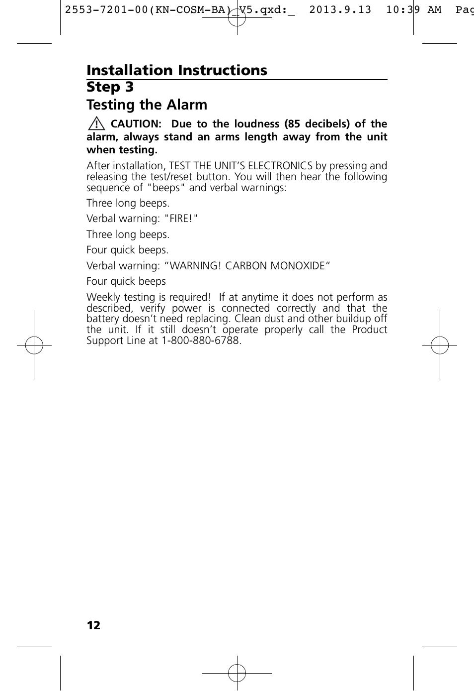 Step 3 testing the alarm, Installation instructions | Kidde KN-COSM-BA User Manual | Page 14 / 30