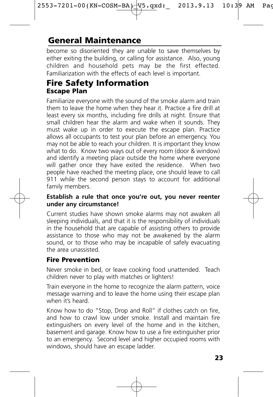 Fire safety information, General maintenance | Kidde KN-COSM-BA User Manual | Page 25 / 30