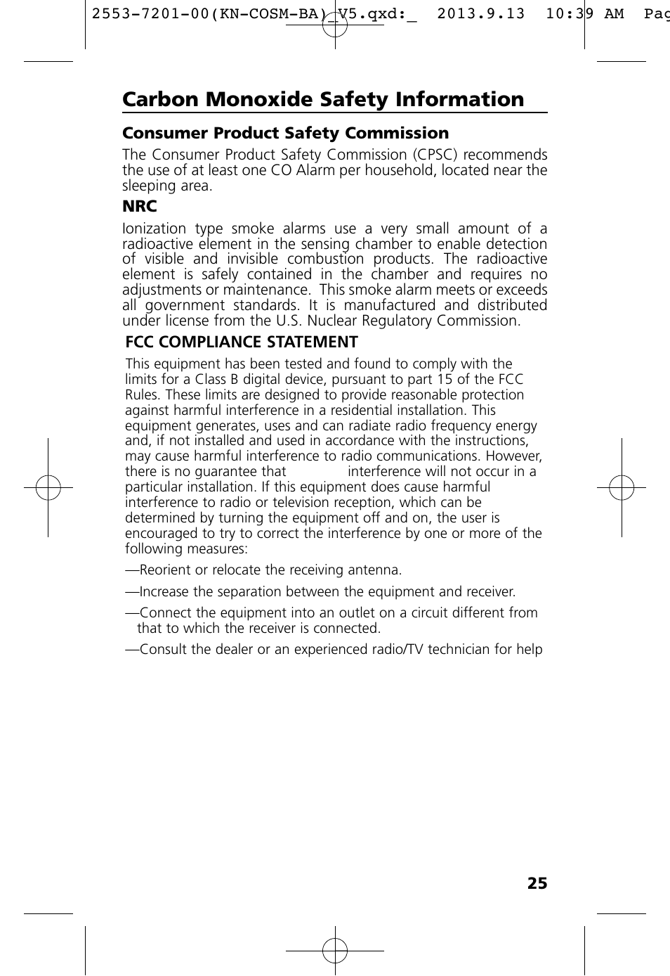 Carbon monoxide safety information | Kidde KN-COSM-BA User Manual | Page 27 / 30