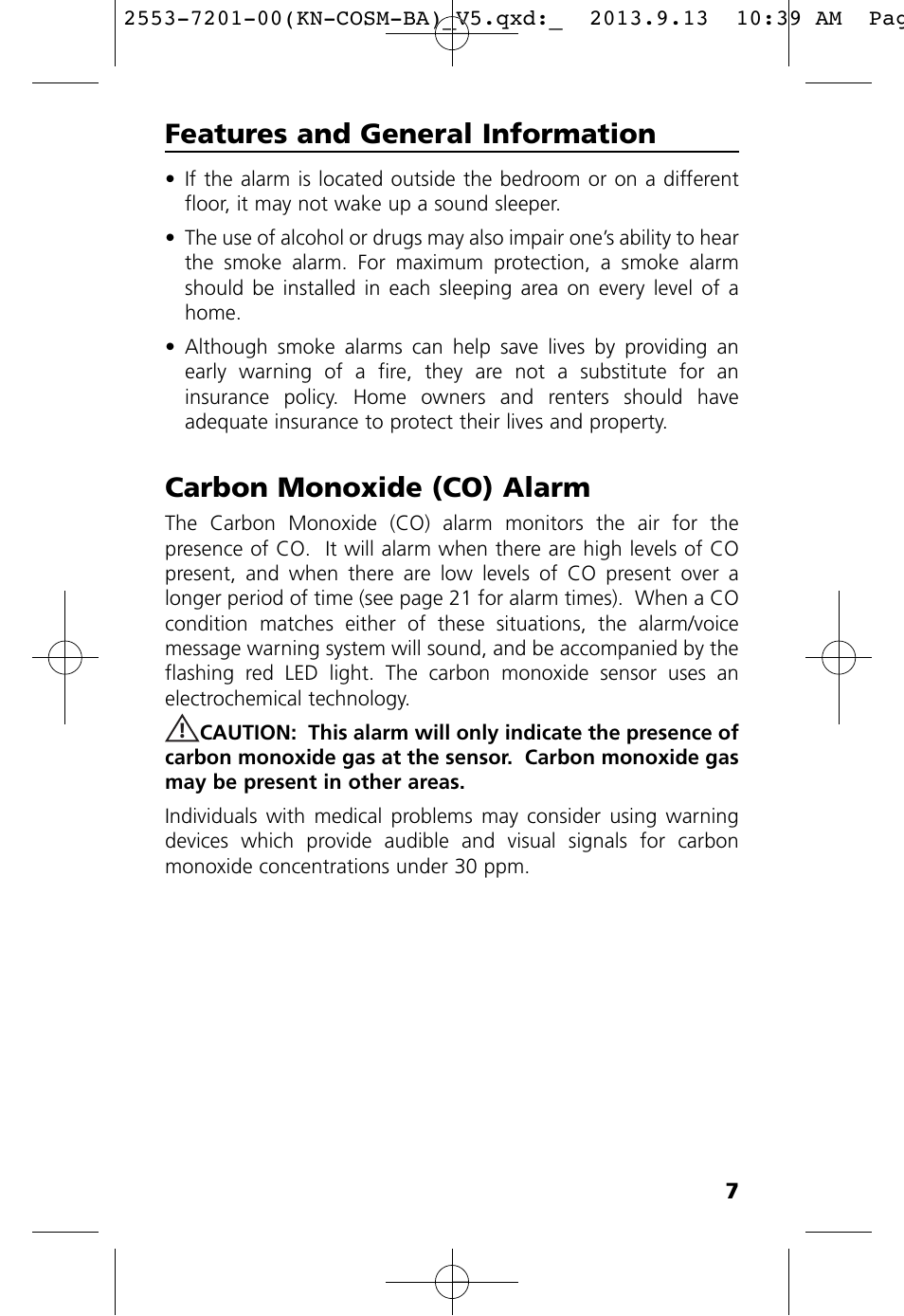 Carbon monoxide (co) alarm, Features and general information | Kidde KN-COSM-BA User Manual | Page 9 / 30