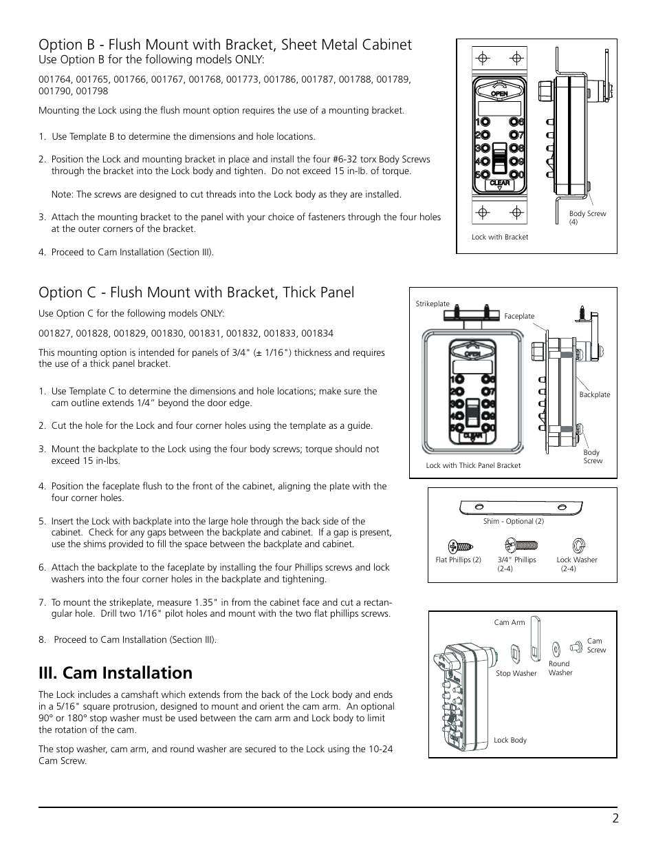 Iii. cam installation, Option c - flush mount with bracket, thick panel, Use option b for the following models only | Kidde 001798 Mounting Instructions User Manual | Page 2 / 4