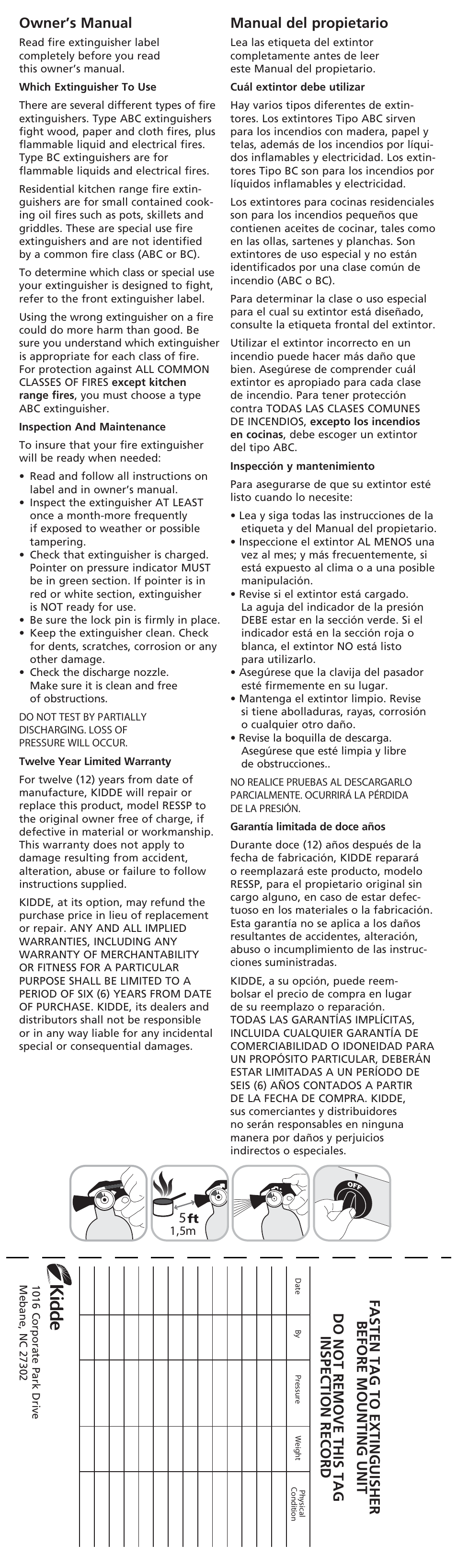 Owner’s manual, Manual del propietario | Kidde RESSP User Manual | Page 2 / 2