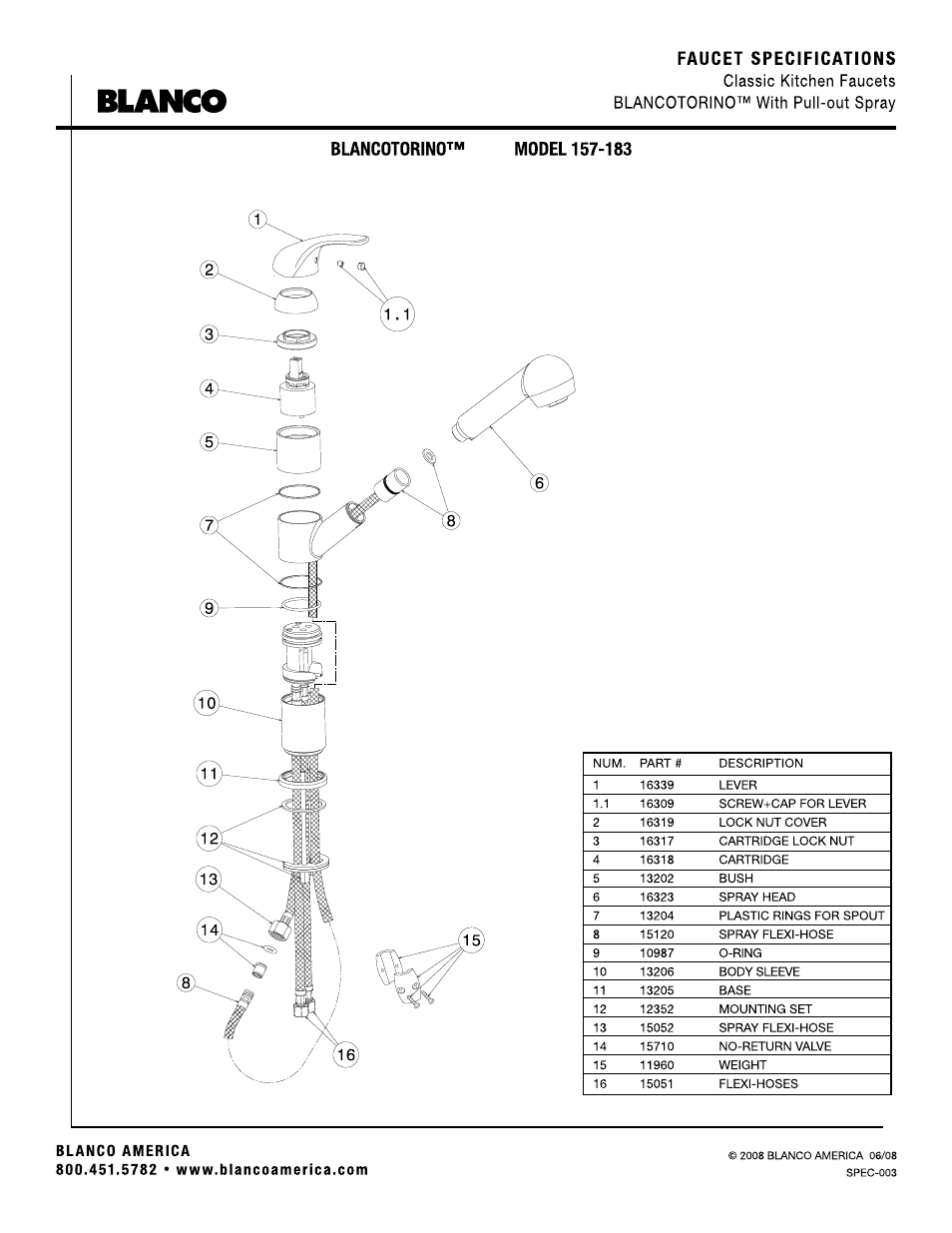 Blanco, Faucet specifications | Blanco 157-183 User Manual | Page 2 / 2