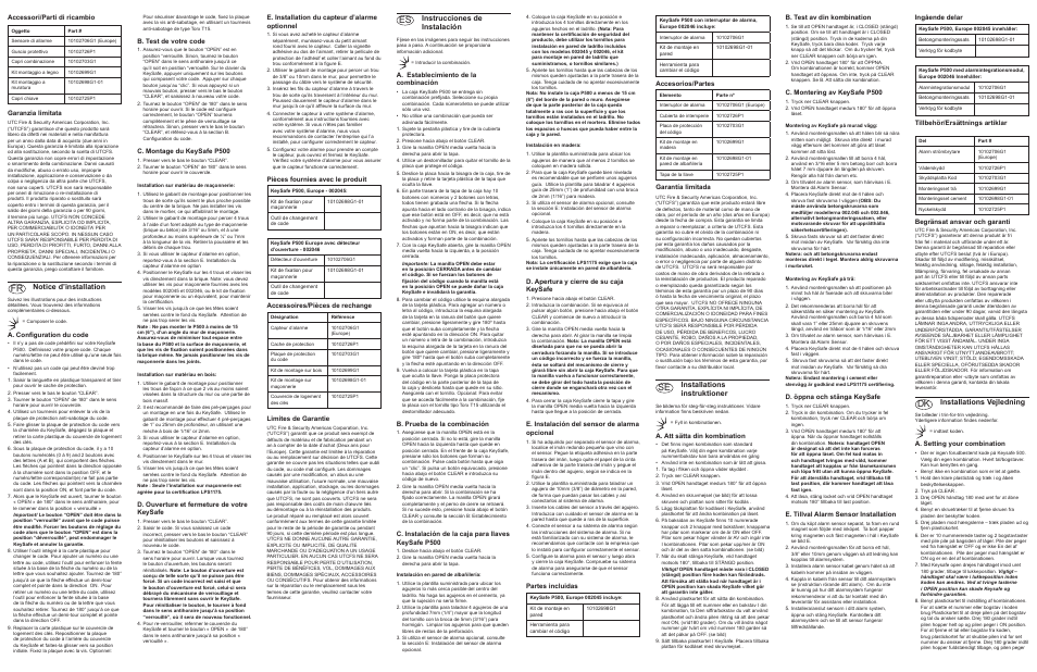 Es fr, Se dk, Installations vejledning | Installations instruktioner, Notice d’installation, Instrucciones de instalación, Ingående delar, Tillbehör/ersättnings artiklar, Begränsat ansvar och garanti, A. setting your combination | Kidde 002047 User Manual | Page 2 / 4