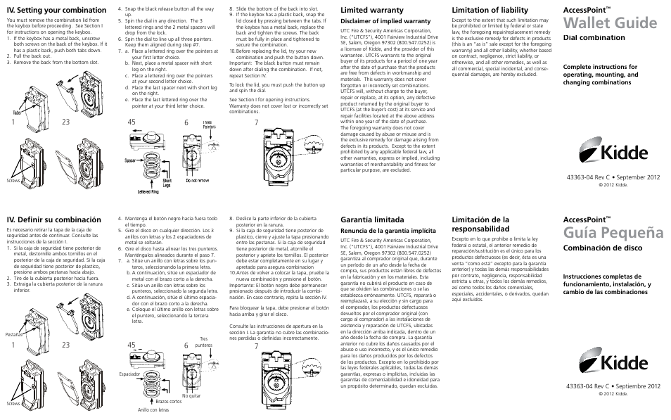 Wallet guide, Guía pequeña, 6iv. setting your combination | Limited warranty, Dial combination, Limitation of liability, Garantía limitada, Limitación de la responsabilidad, Iv. definir su combinación, Accesspoint | Kidde 001017 Combination Instructions User Manual | Page 2 / 2