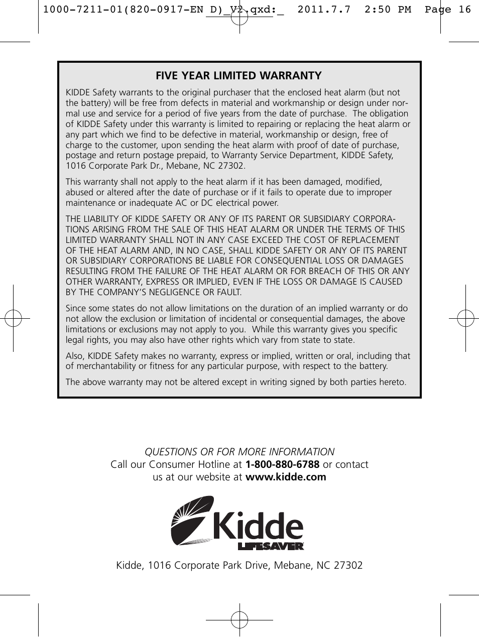 Kidde HD135 User Manual | Page 16 / 16