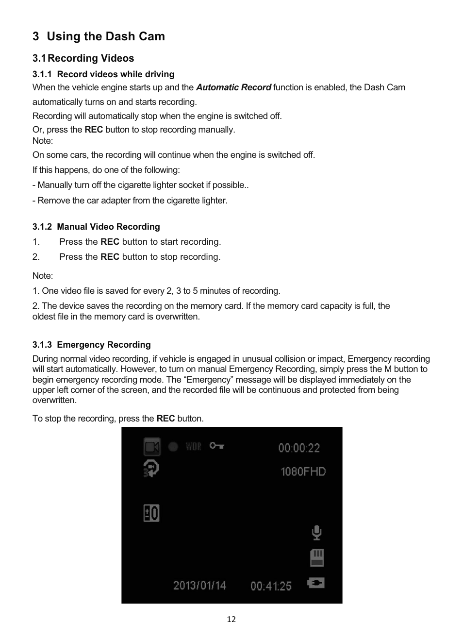 3 using the dash cam | GiiNii GD-250 User Manual | Page 13 / 55